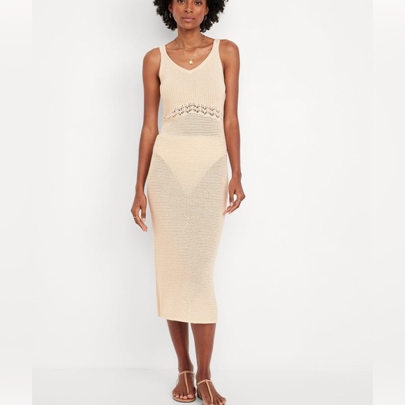 NWT Boho Old Navy Cream Crotchet Max Dress Sleeveless Sundress VNeck Cotton Knit - Picture 3 of 16